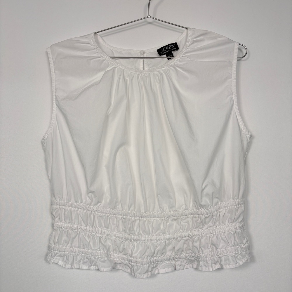 J.Crew Women Top L White Smocked Ruffle Hem Regenerative Cotton Renaissance
